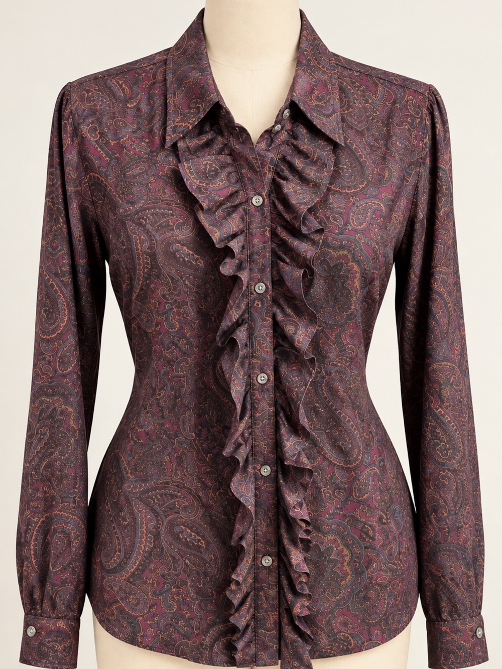 Vintage Ralph and Lauren 100% silk Ruffle-Front Paisley Long-Sleeve Blouse